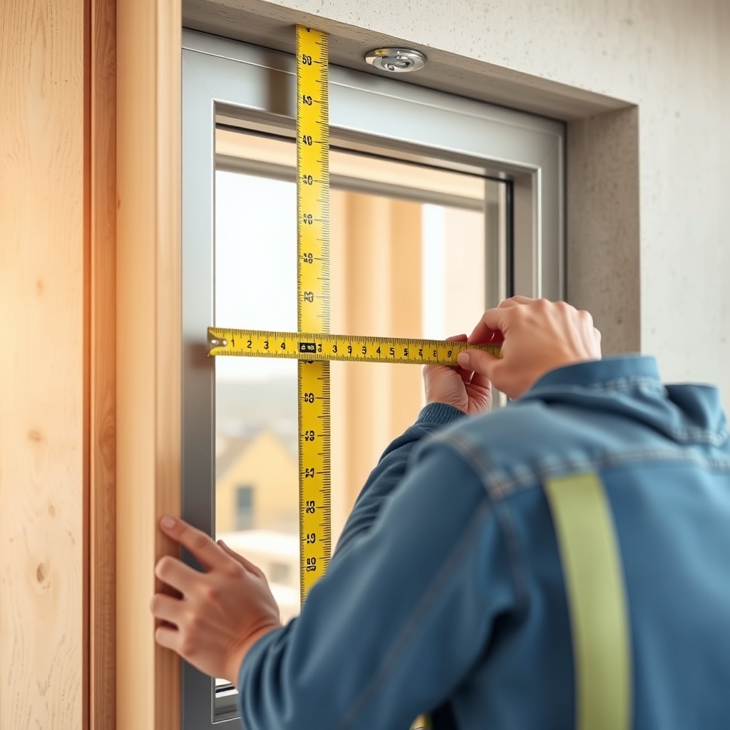 A photorealistic close-up of a Koçtaş window frame being measured with a tape measure on a