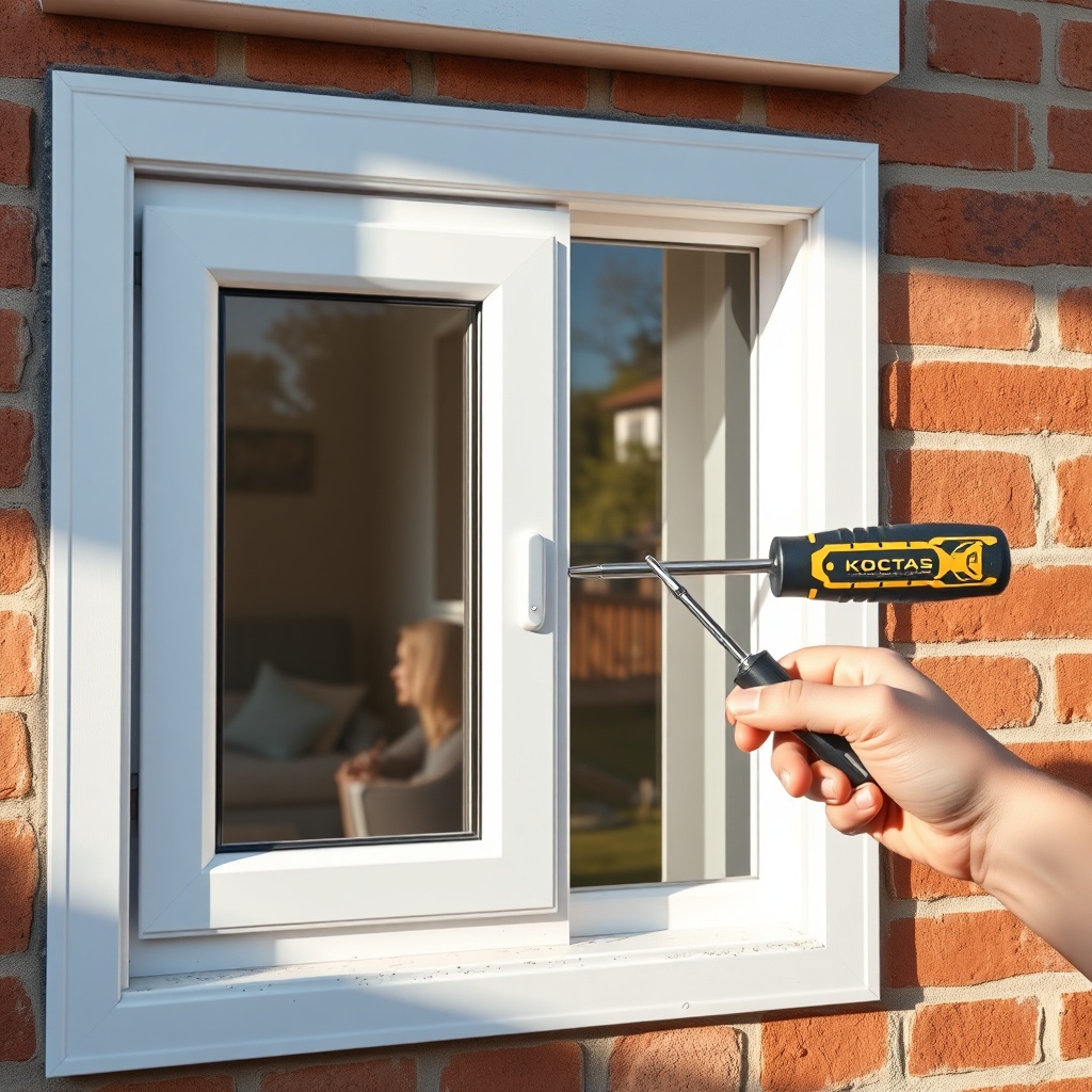 A photorealistic photo of a Koçtaş window sash being aligned with a screwdriver