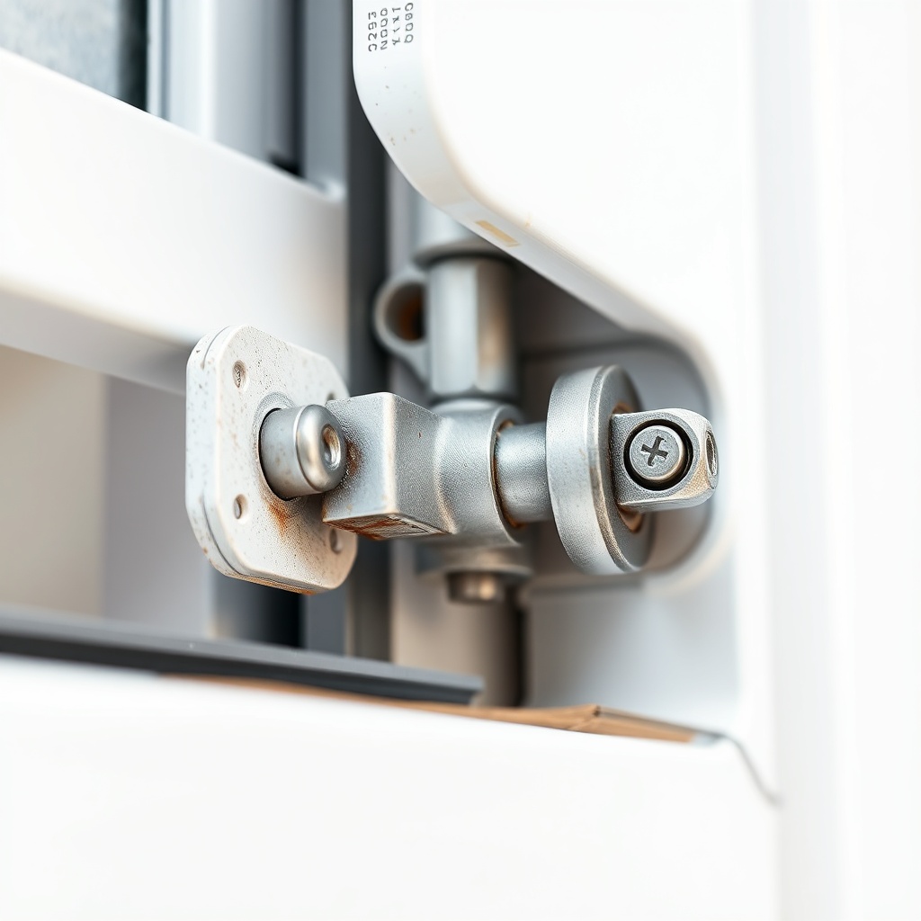 A close-up photorealistic photo of a Koçtaş window hinge mechanism after 5 years of use