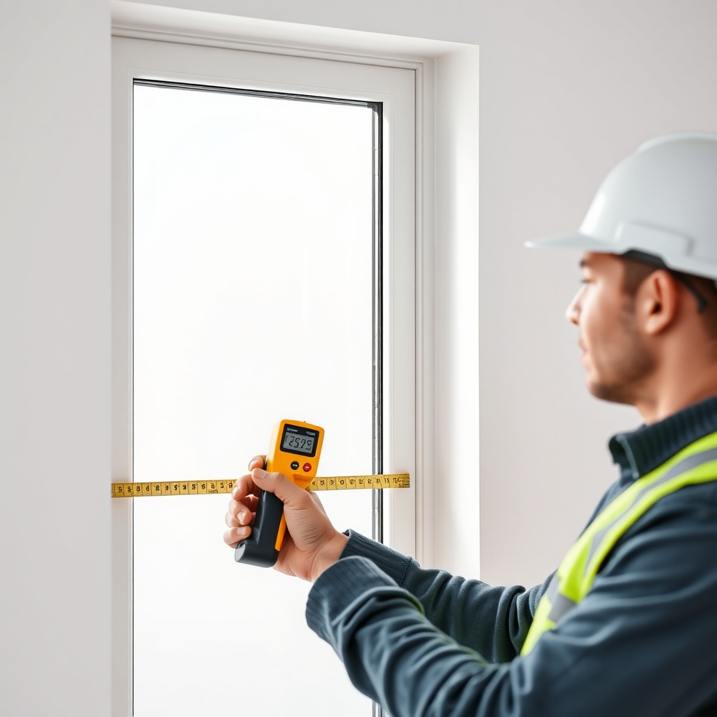 <clean photorealistic photo of a professional worker measuring a PVC window frame with a l