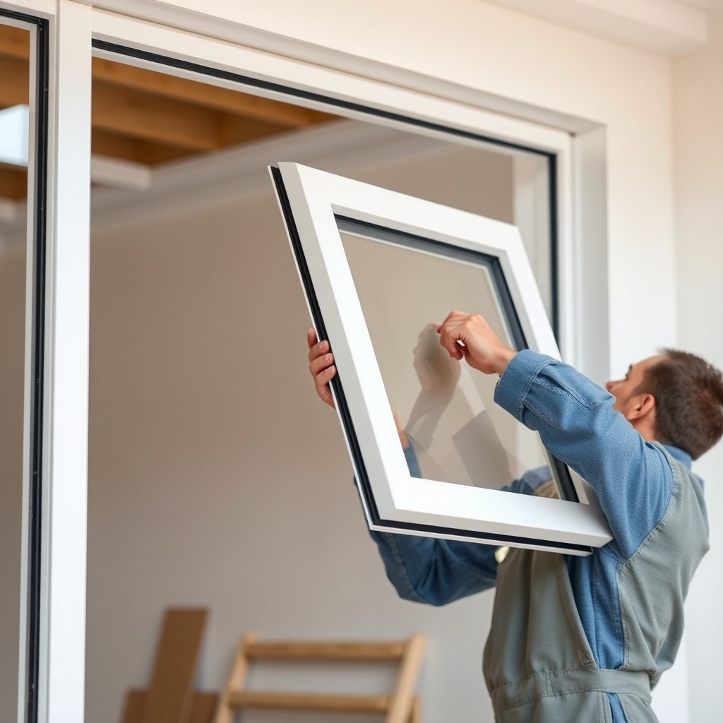 <clean photorealistic photo of a PVC window wing being carefully attached to a frame