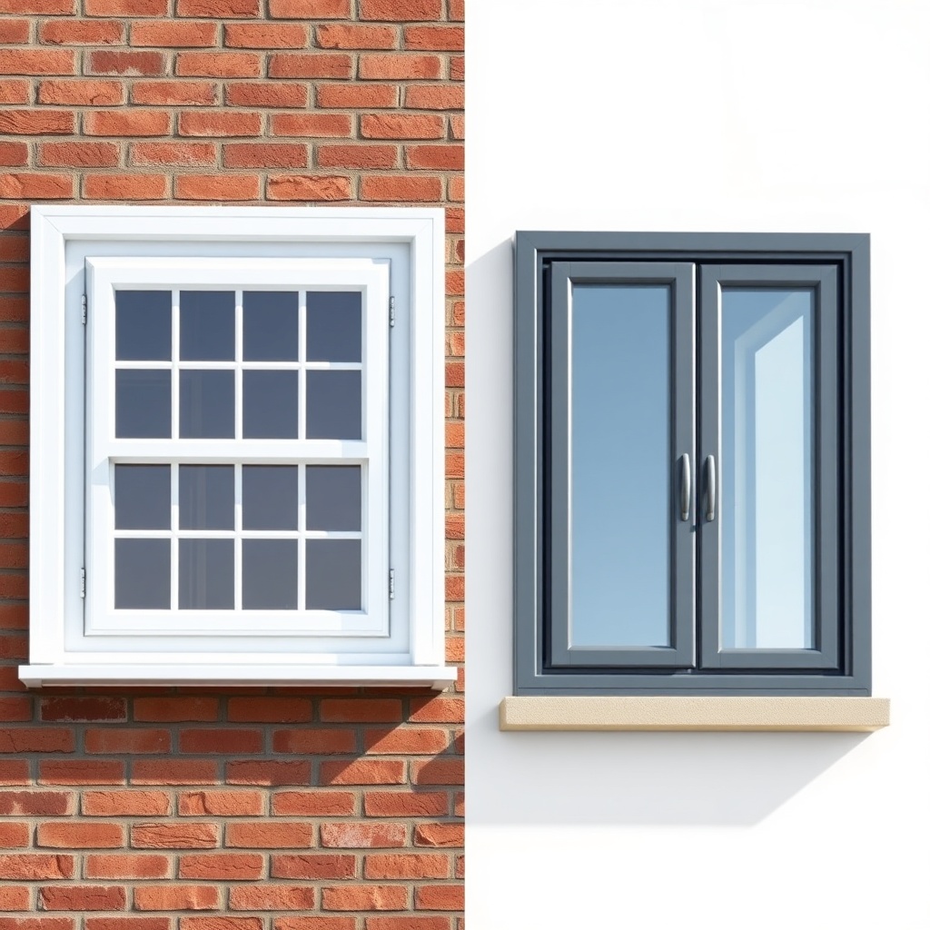 A photorealistic split image showing a white PVC window on the left and a dark gray alumin