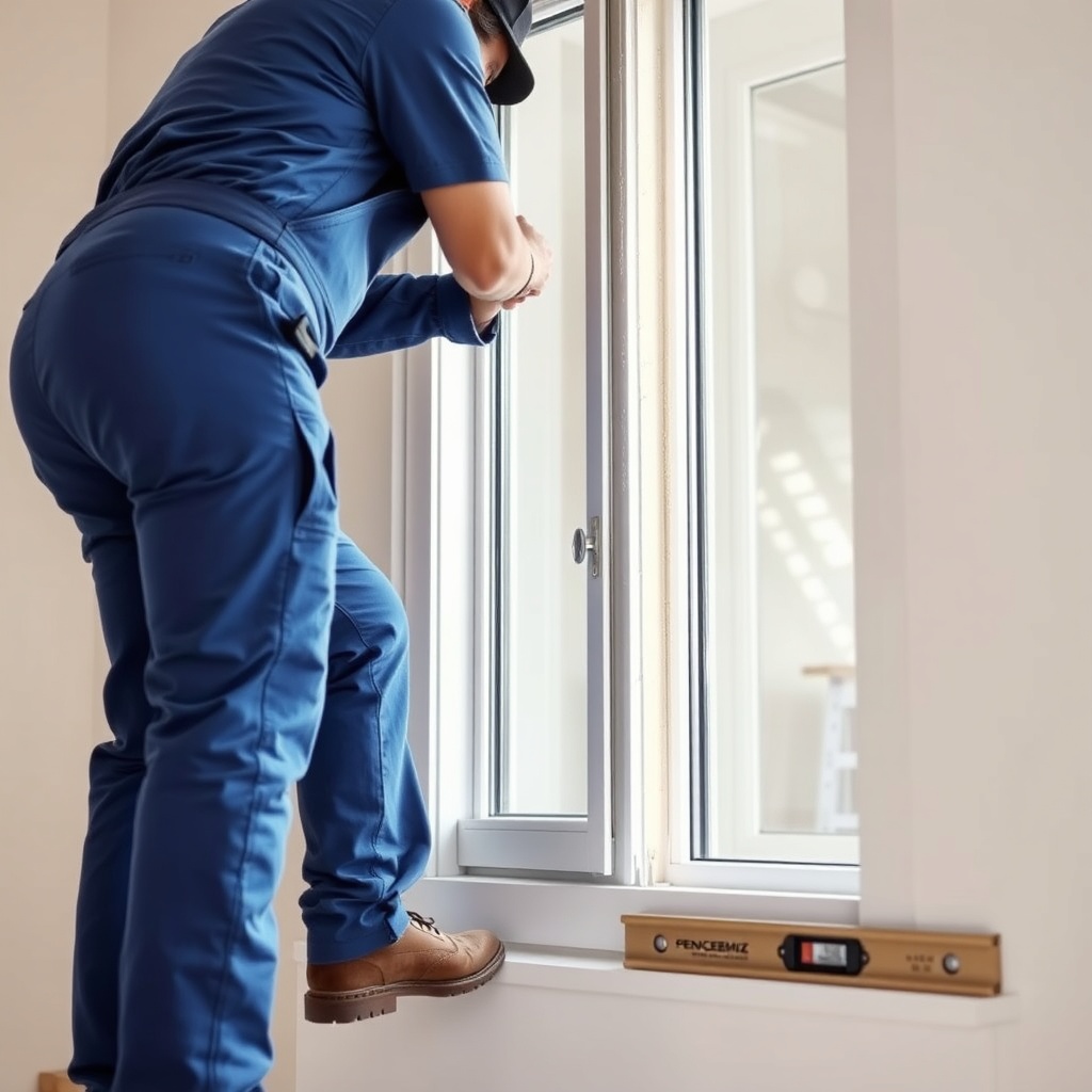 A photorealistic image of a professional installer in blue overalls applying polyurethane